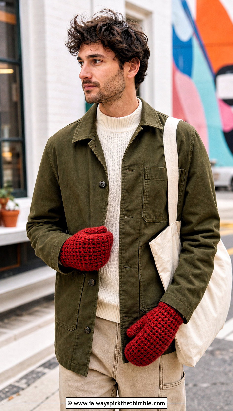 Waffle Stitch Crochet Mittens With Chore Coat - 20 Mens Crochet Mittens outfit ideas