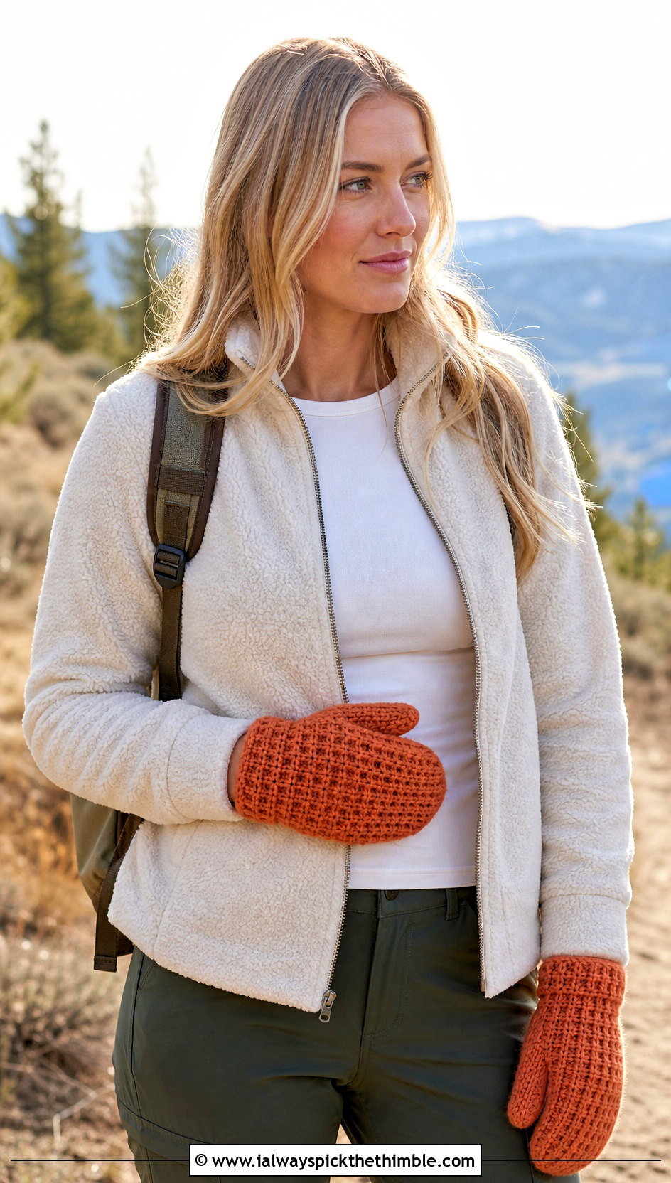 Waffle Stitch Crochet Mittens With Fleece Jacket - 20 women crochet mittens outfit ideas