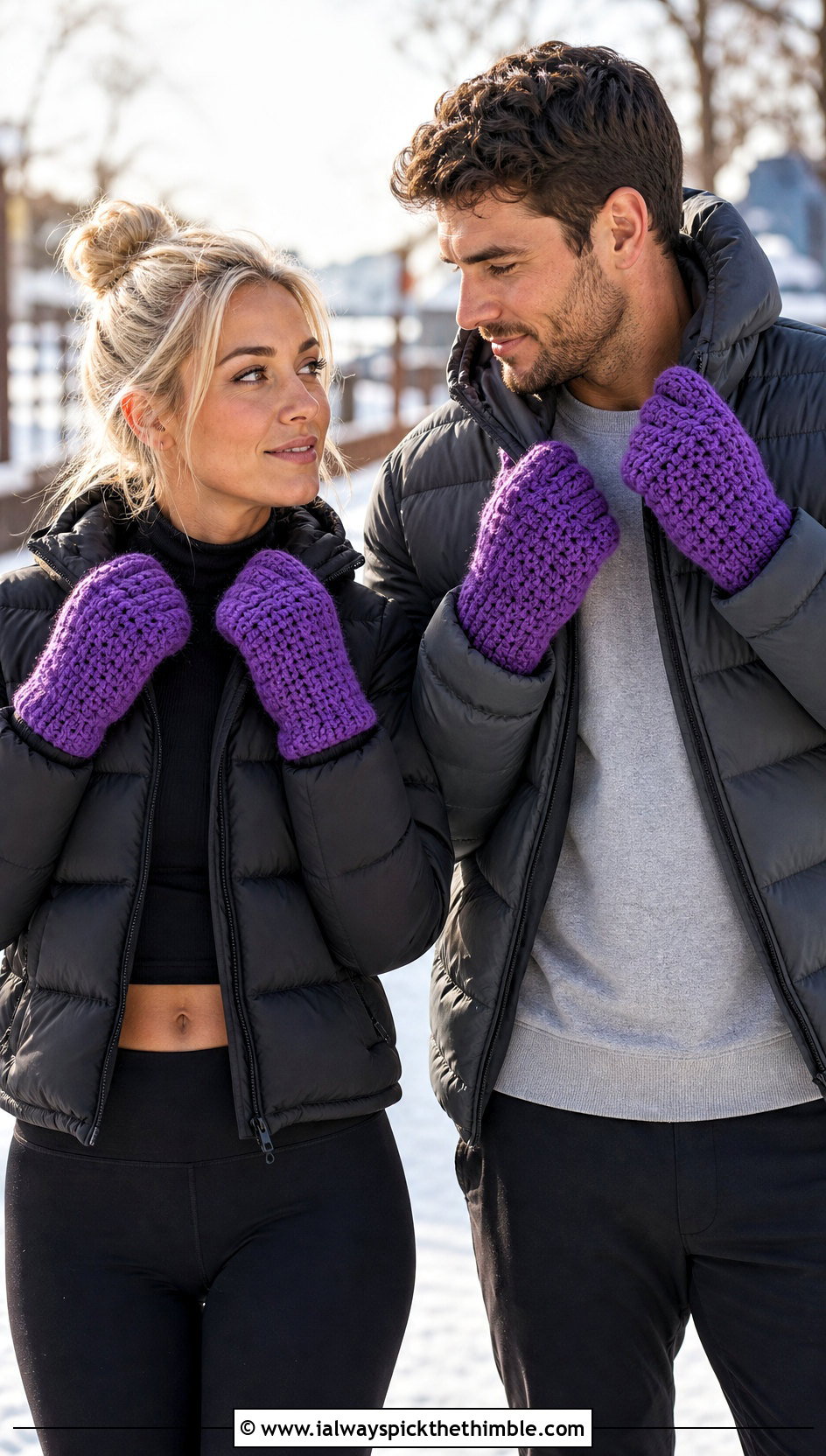 Waffle Stitch Crochet Mittens With Puffer Jackets - 20 Crochet Gloves For Couples outfit ideas