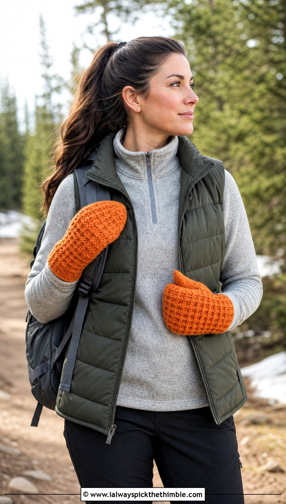 Waffle Stitch Crochet Mittens With Puffer Vest - 20 Simple Crochet Mittens outfit ideas