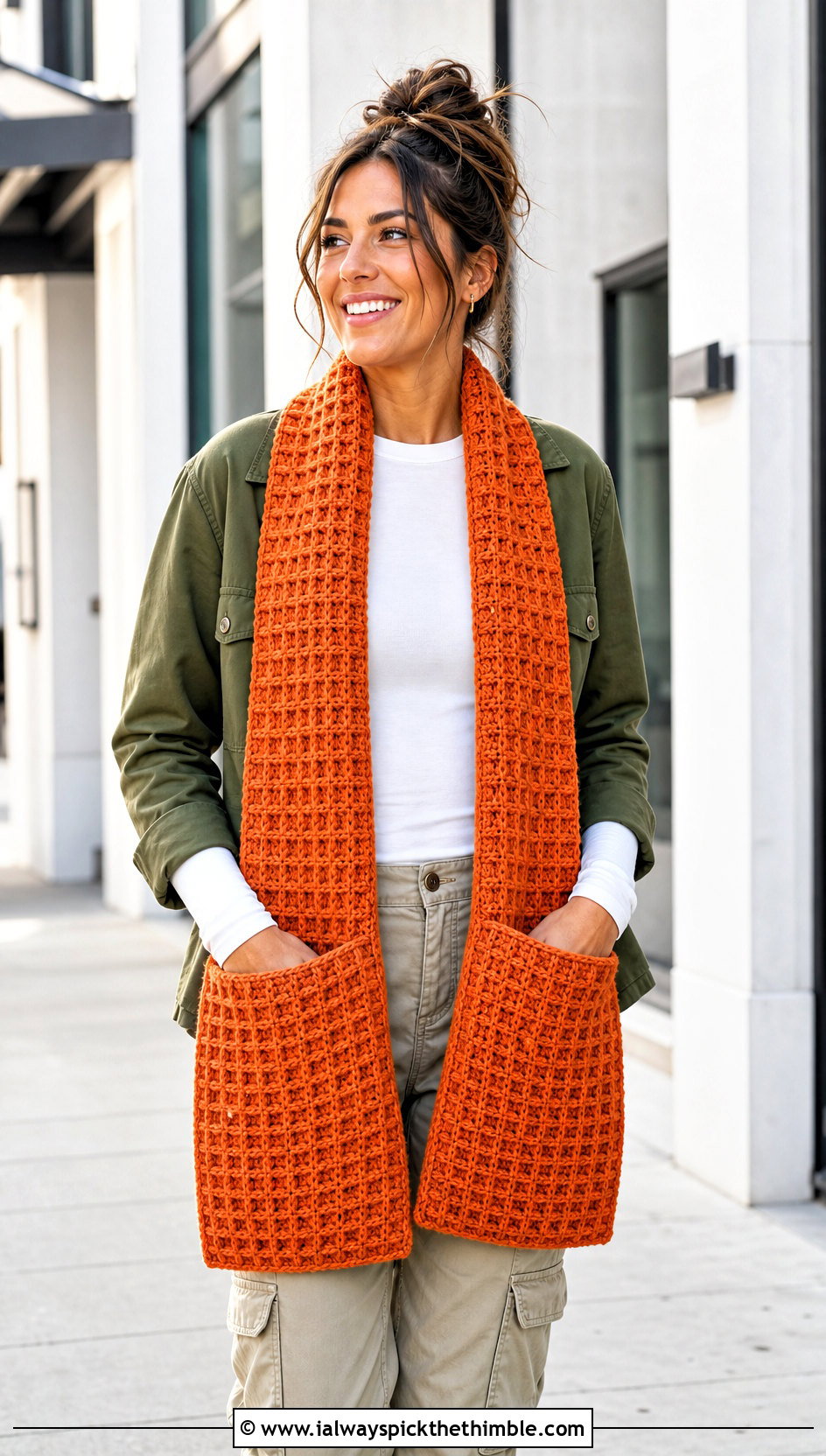 Waffle Stitch Crochet Pocket Scarf With Cargo Pants - 15 Crochet Scarf With Hand Pockets outfit ideas