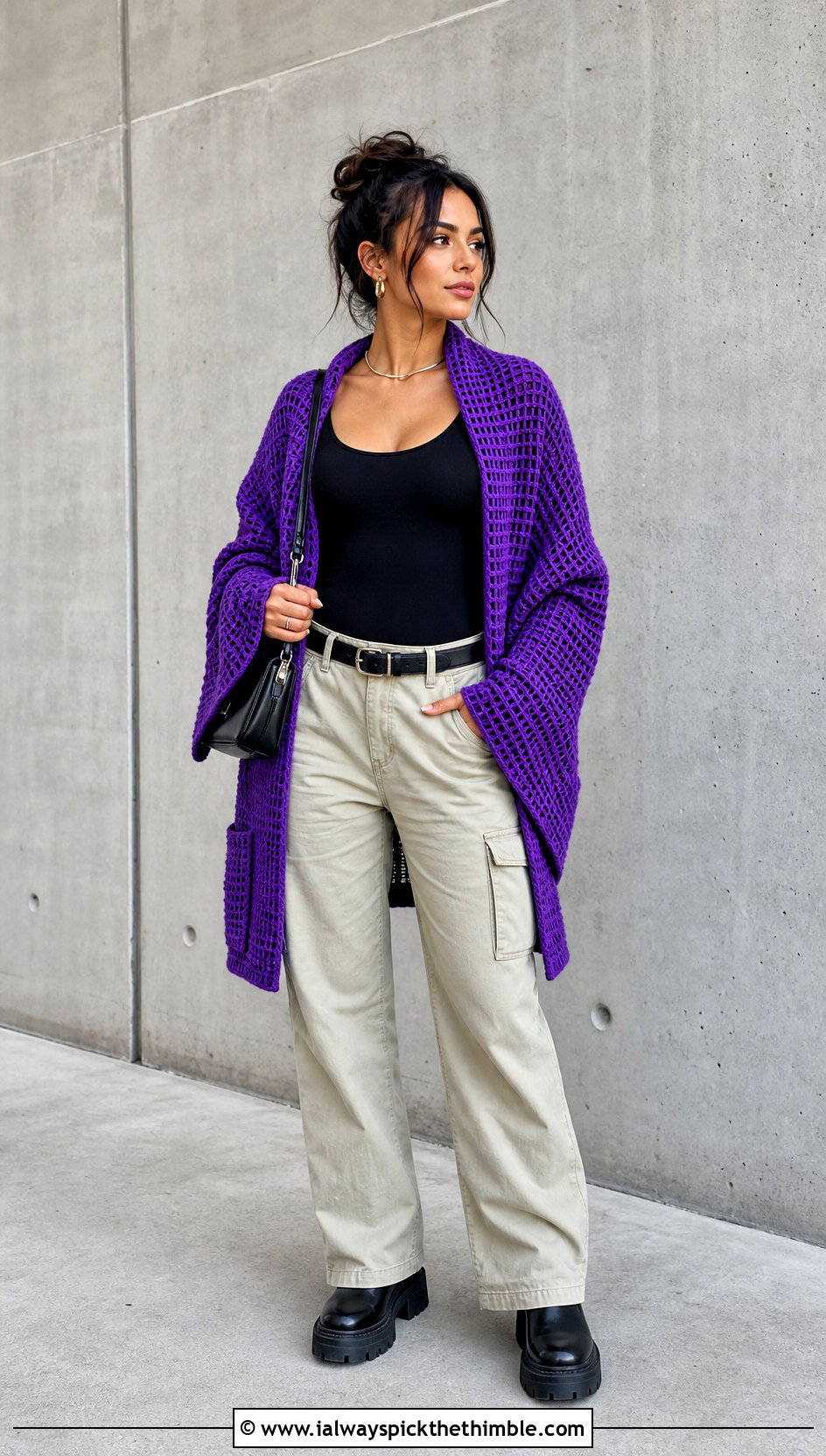 Waffle Stitch Crochet Pocket Shawl With Cargo Pants - 25 crochet pocket shawl outfit ideas