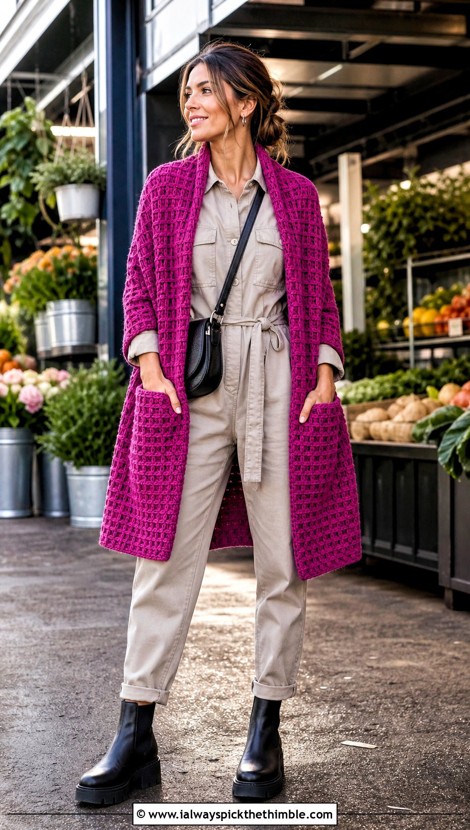 Waffle Stitch Crochet Pocket Wrap With Utility Jumpsuit - 20 Crochet Pocket Wrap outfit ideas