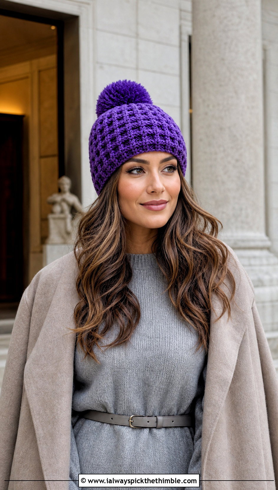 Waffle Stitch Crochet Pom Pom Beanie With Sweater Dress - 20 crochet beanie with pom pom outfit ideas