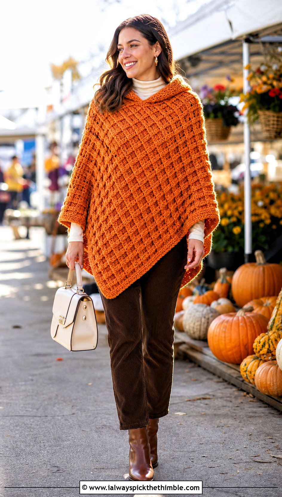 Waffle Stitch Crochet Poncho With Hood and Corduroy Pants - 25 crochet poncho with hood outfit ideas