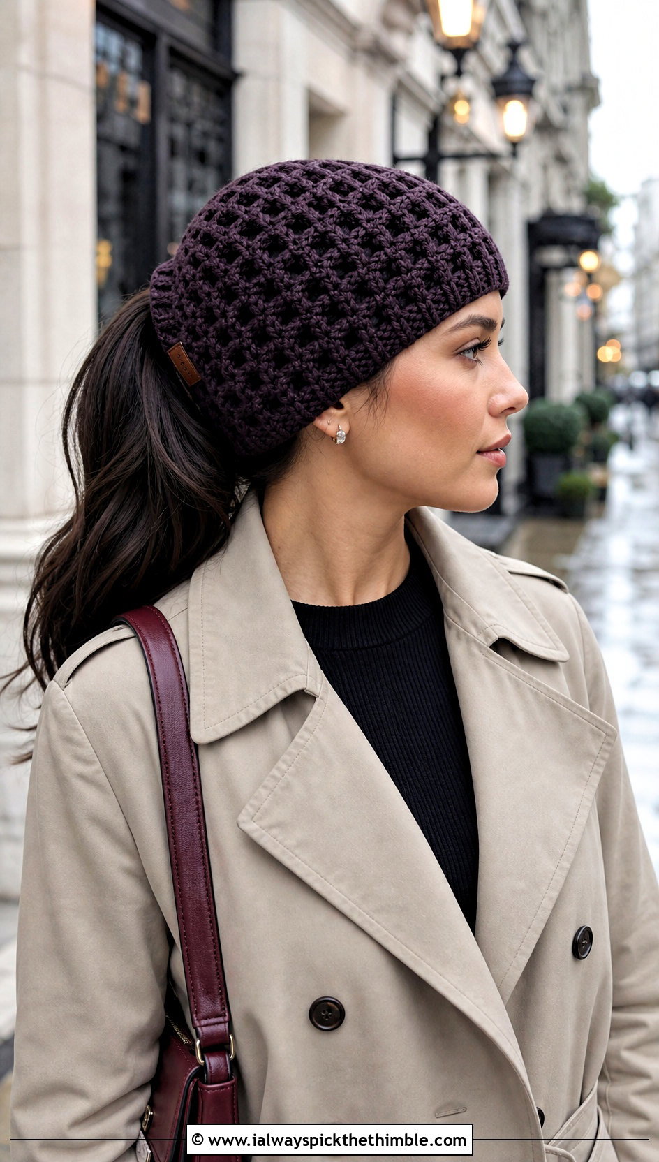 Waffle Stitch Crochet Ponytail Beanie With Trench Coat - 20 Crochet Beanie With Ponytail Hole Hat outfit ideas