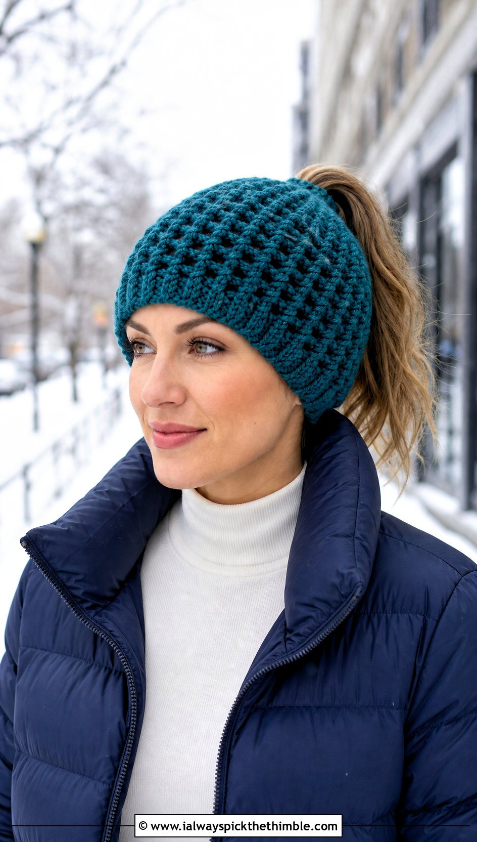 Waffle Stitch Crochet Ponytail Hat With Puffer Jacket - 20 easy crochet ponytail hat outfit ideas