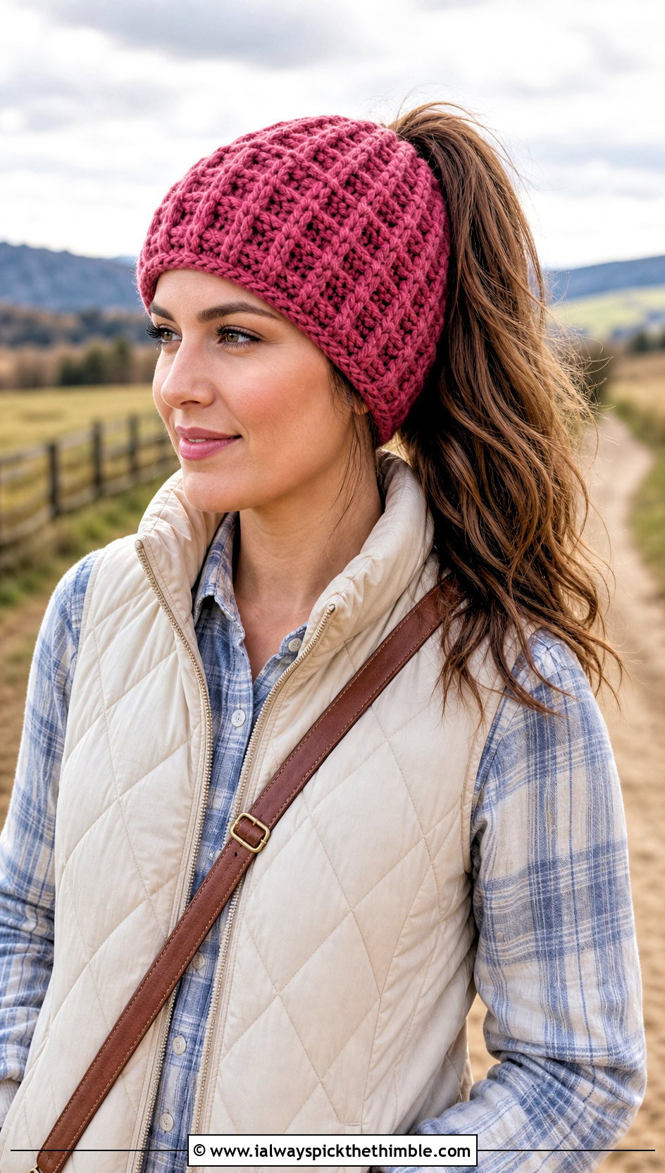 Waffle Stitch Crochet Ponytail Hat With Quilted Vest - 25 crochet ponytail hat outfit ideas