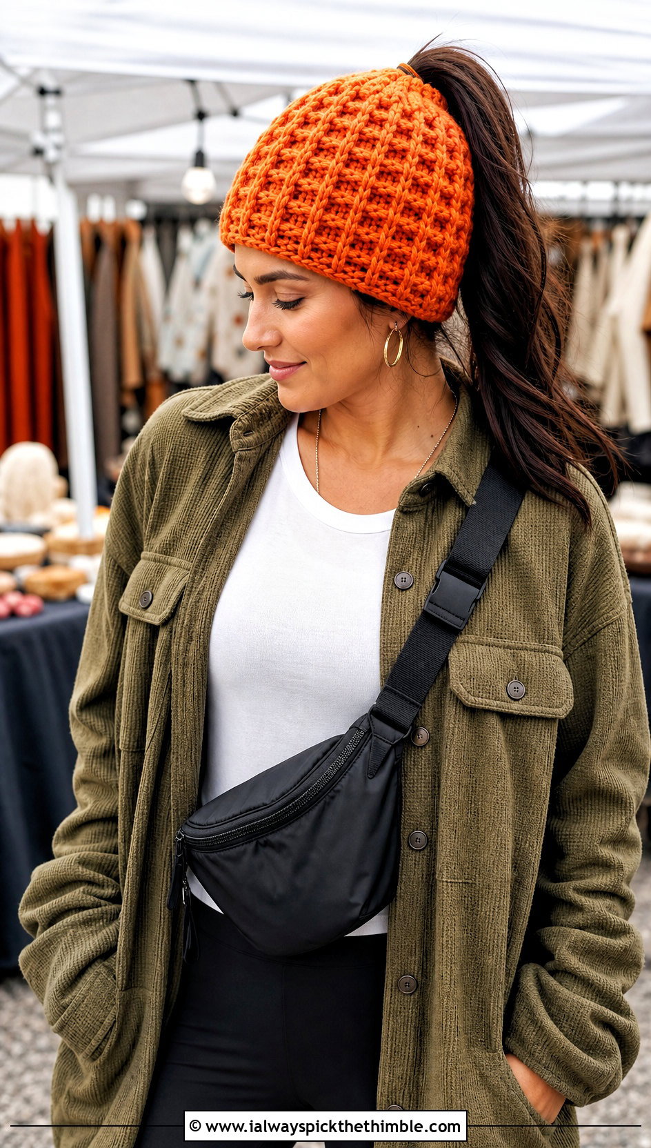 Waffle Stitch Crochet Ponytail Hat With Shacket - 20 crochet hat with ponytail hole outfit ideas