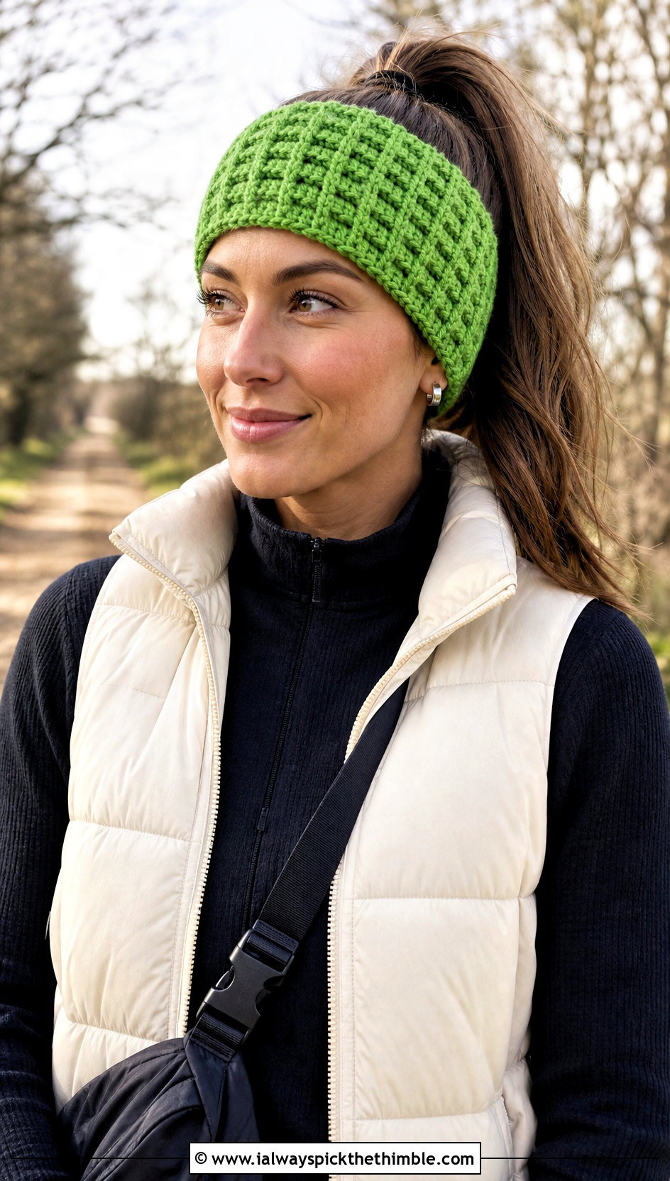 Waffle Stitch Crochet Ponytail Headband With Puffer Vest - 20 crochet headband with ponytail hole outfit ideas