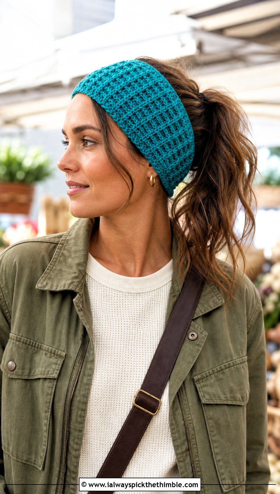 Waffle Stitch Crochet Ponytail Headband With Utility Jacket - 20 Crochet Ponytail Headband outfit ideas