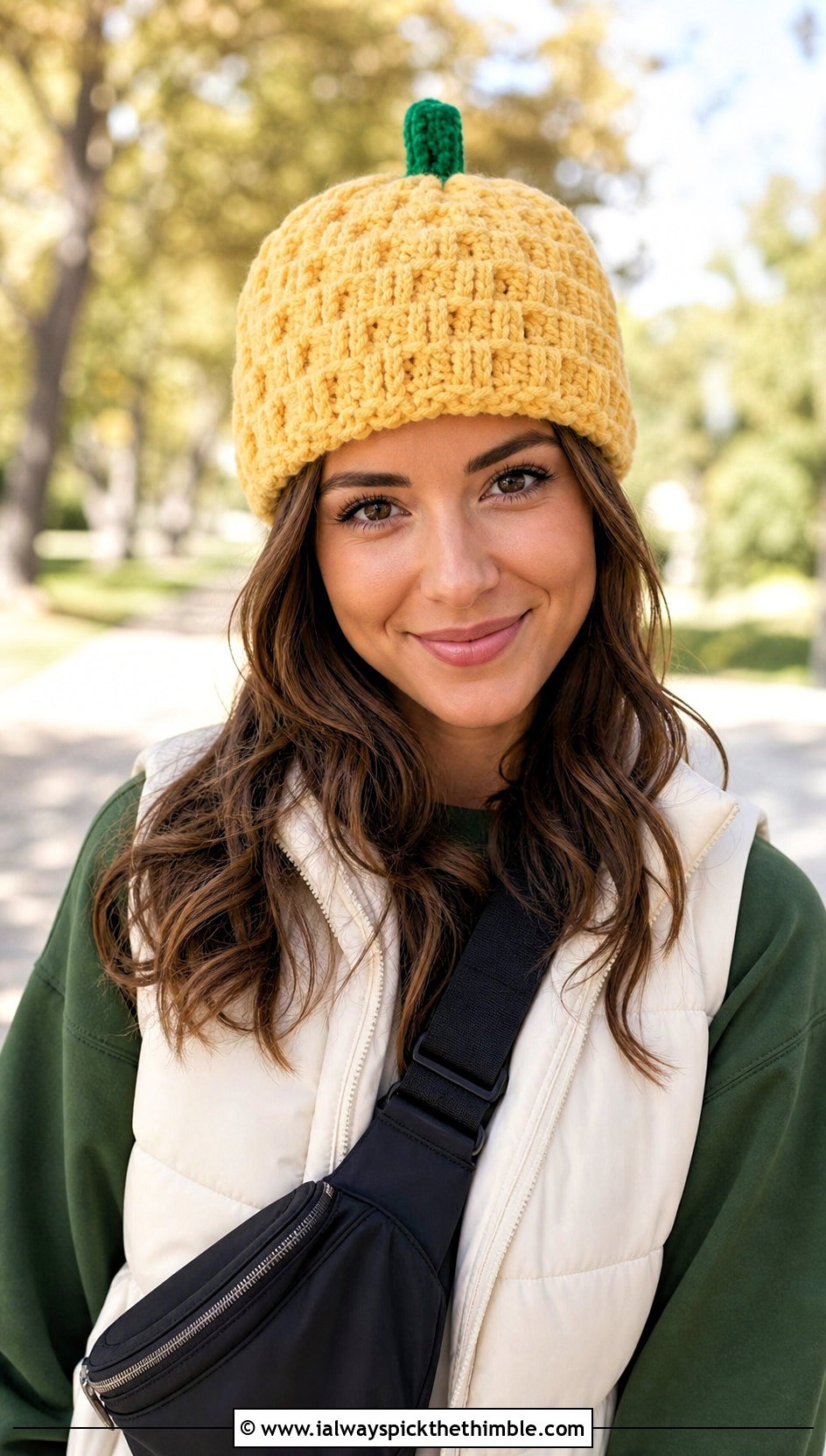 Waffle Stitch Crochet Pumpkin Beanie With Puffer Vest - 20 crochet pumpkin beanie outfit ideas