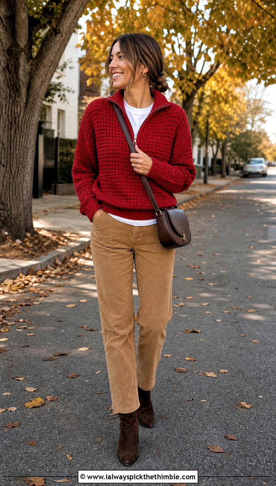 Waffle Stitch Crochet Quarter Zip Sweater With Corduroy Pants - 20 crochet quarter zip sweater outfit ideas
