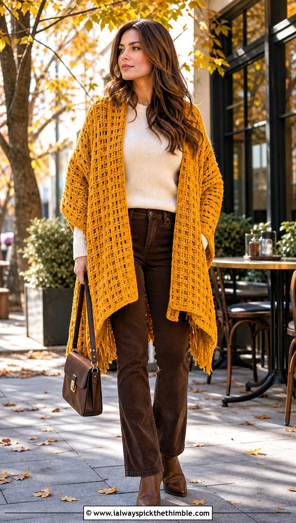 Waffle Stitch Crochet Ruana With Corduroy Pants - 25 crochet ruana outfit ideas