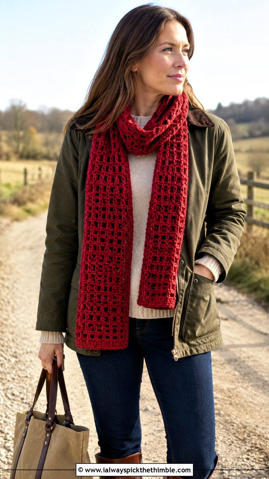 Waffle Stitch Crochet Scarf With Barn Jacket - 25 crochet winter scarf outfit ideas