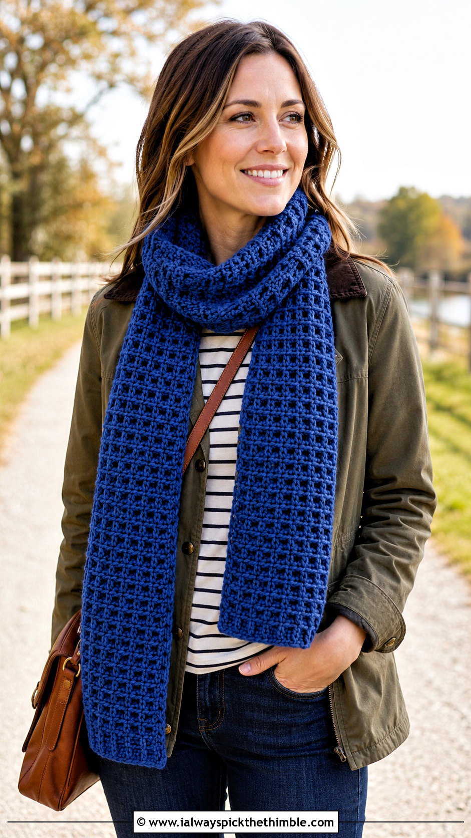 Waffle Stitch Crochet Scarf With Barn Jacket - 25 easy crochet scarf for beginners outfit ideas