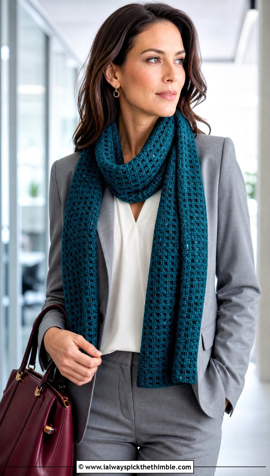 Waffle Stitch Crochet Scarf With Blazer And Trousers - 15 Textured Crochet Scarf Design outfit ideas