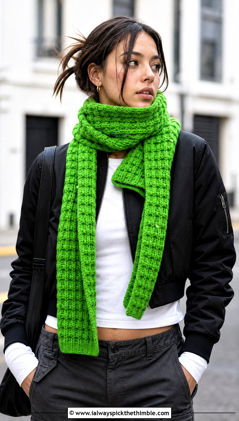 Waffle Stitch Crochet Scarf With Bomber Jacket - 20 Crochet For Beginners Scarf outfit ideas