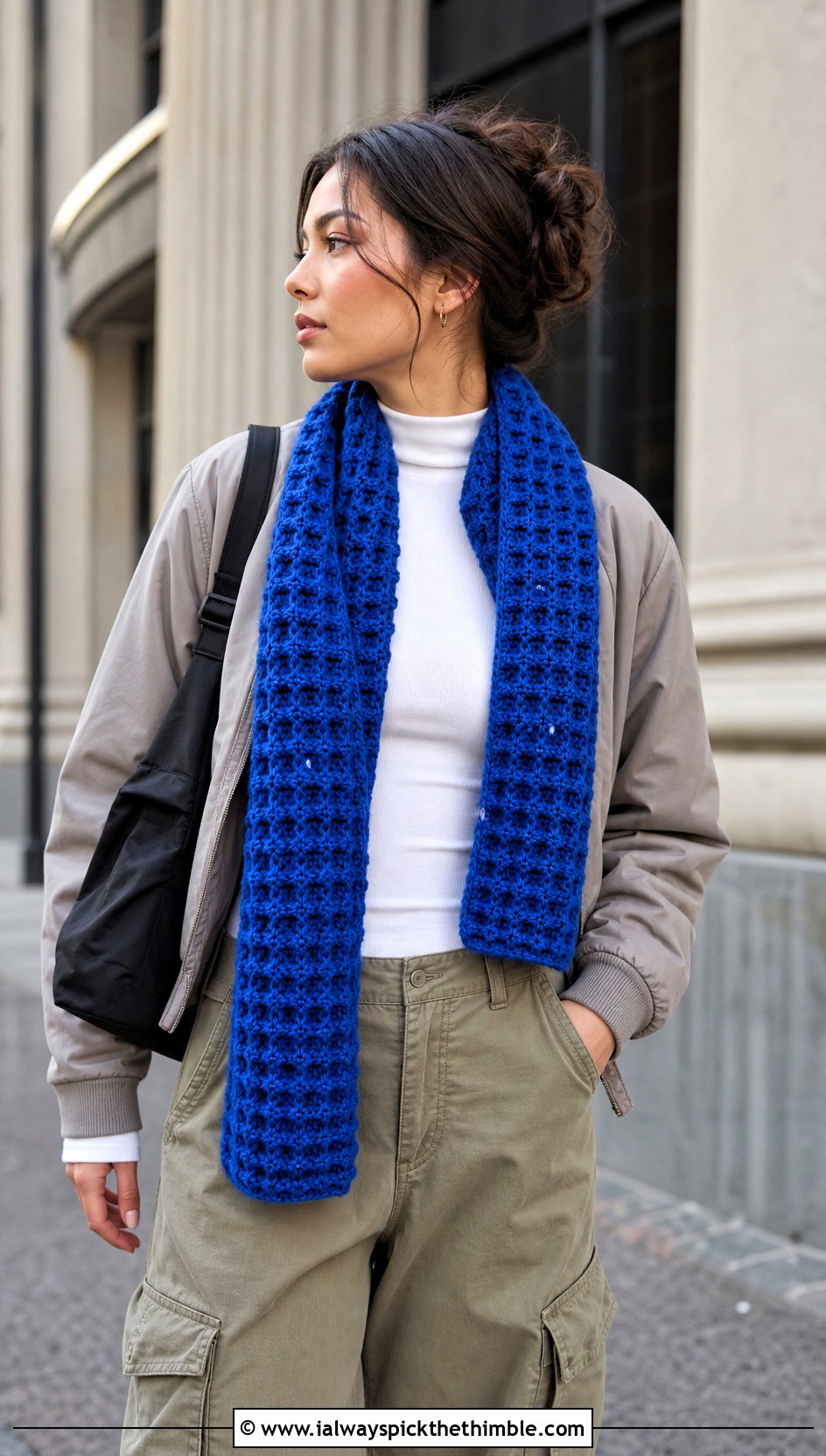 Waffle Stitch Crochet Scarf With Cargo Pants - 20 Crochet Fun Scarf outfit ideas