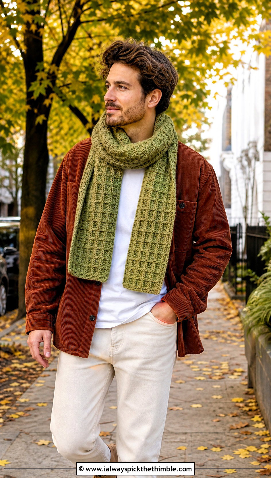 Waffle Stitch Crochet Scarf With Corduroy Overshirt - 20 Mens Crochet Scarf outfit ideas
