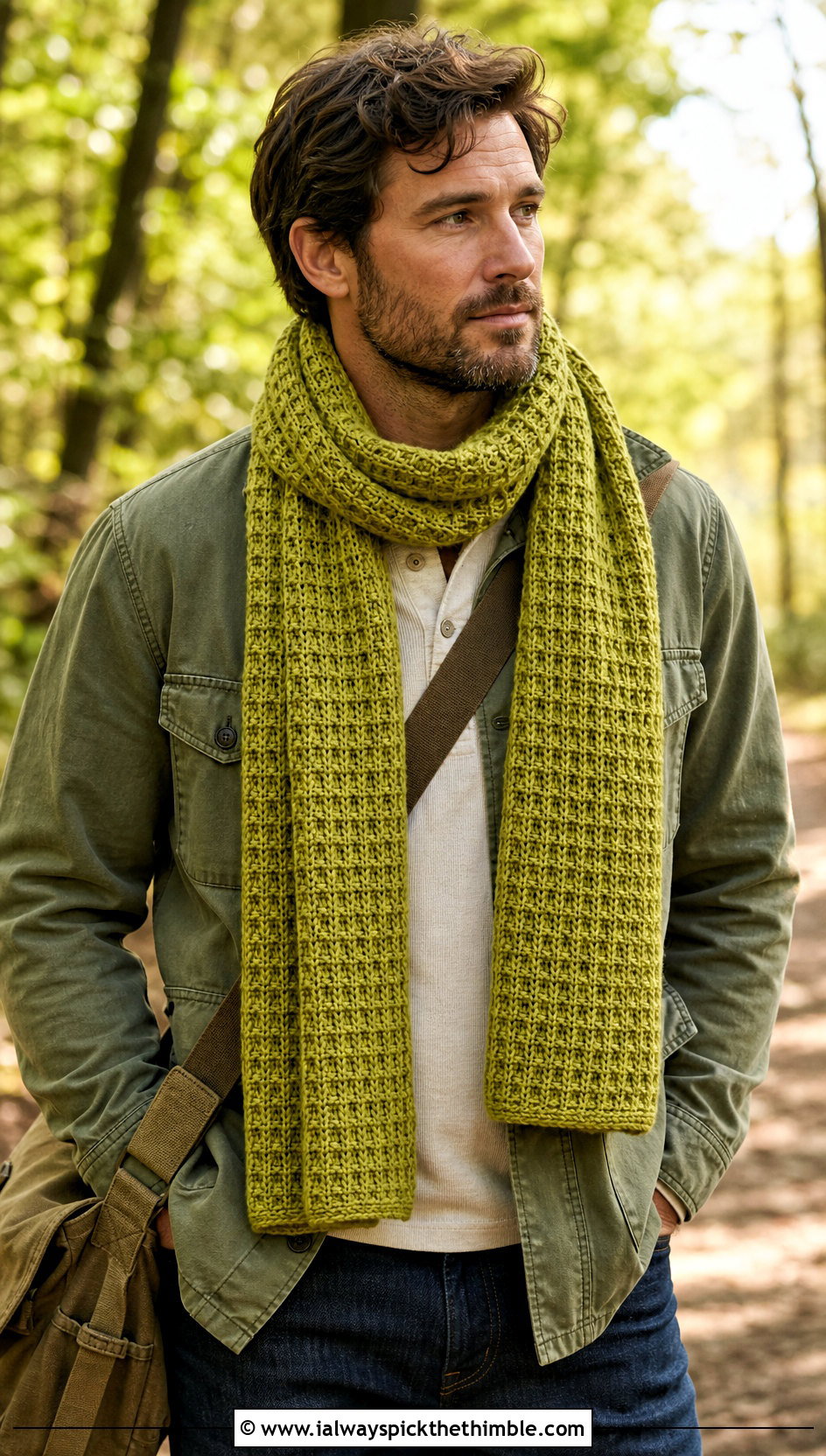 Waffle Stitch Crochet Scarf With Field Jacket - 20 male crochet scarf outfit ideas