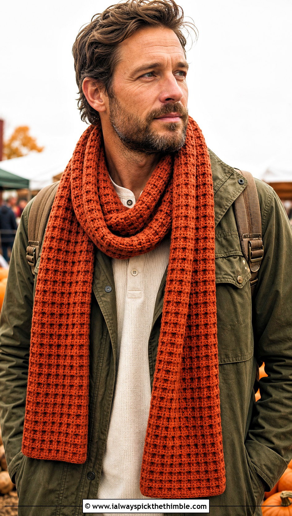 Waffle Stitch Crochet Scarf With Field Jacket - 20 men's crocheted scarf outfit ideas