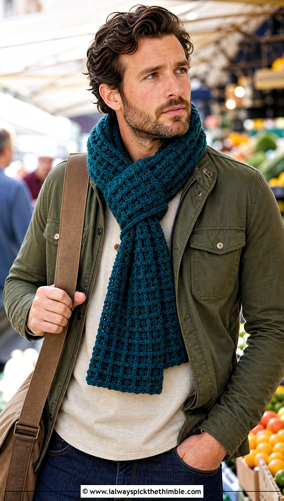 Waffle Stitch Crochet Scarf With Field Jacket - 20 crochet scarf ideas for men