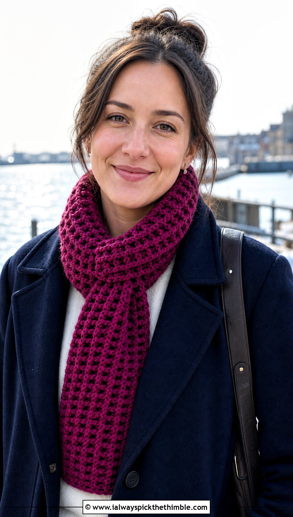 Waffle Stitch Crochet Scarf With Peacoat - 25 easy one skein crochet scarf outfit ideas