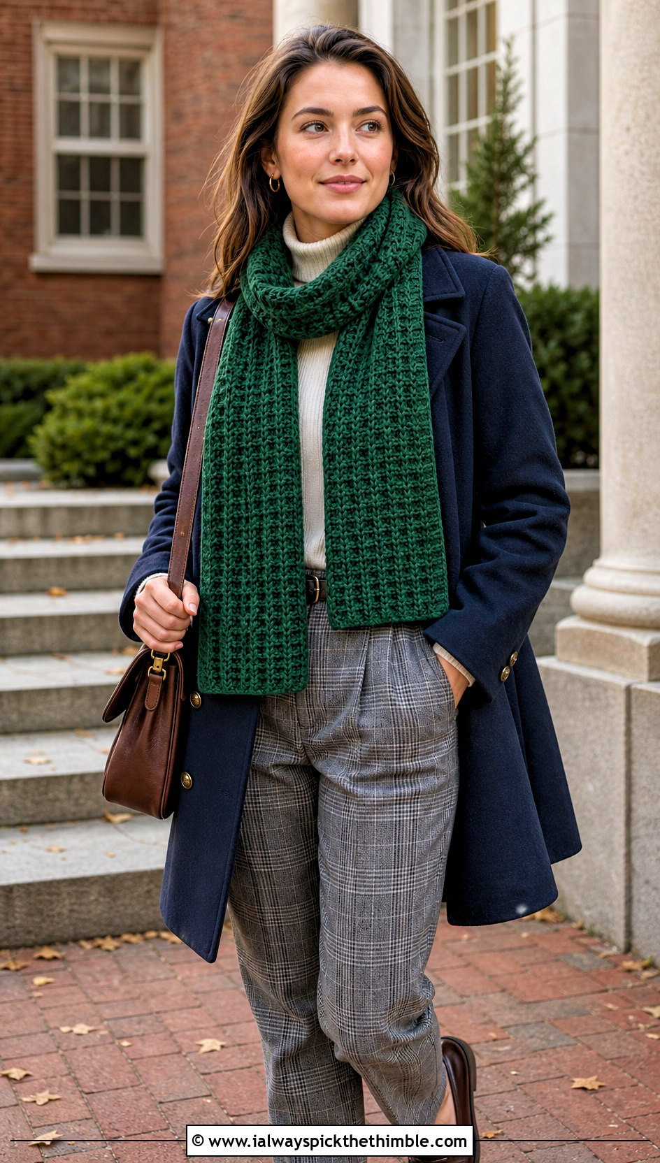 Waffle Stitch Crochet Scarf With Peacoat And Plaid Trousers - 20 one row repeat crochet scarf outfit ideas
