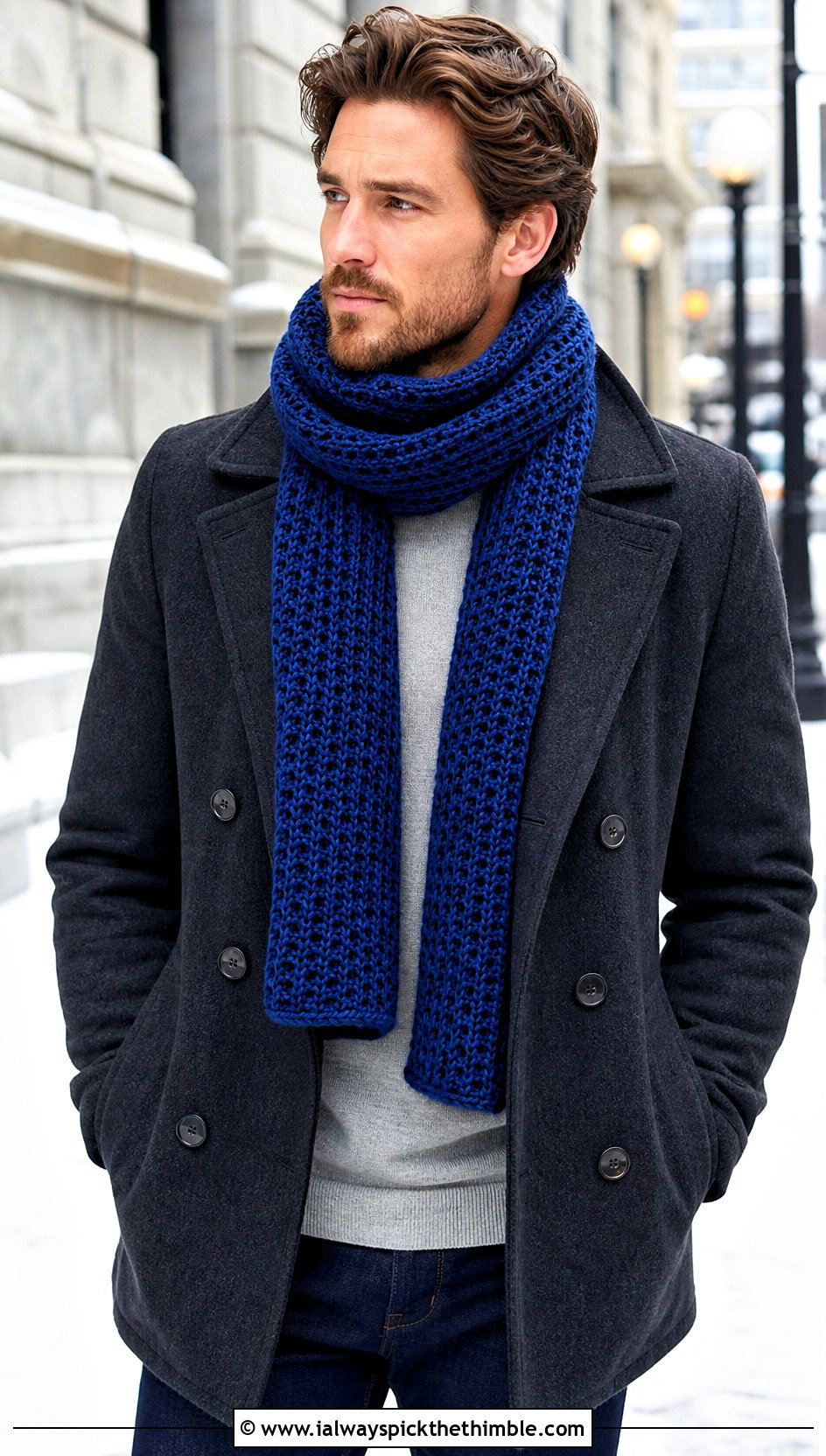 Waffle Stitch Crochet Scarf With Peacoat - 15 crochet stitch for mens scarf outfit ideas