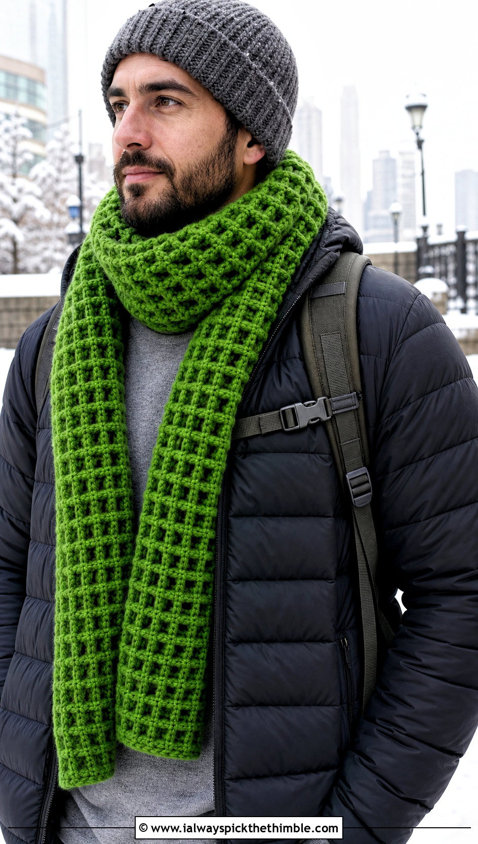 Waffle Stitch Crochet Scarf With Puffer Jacket - 25 men crochet scarf outfit ideas