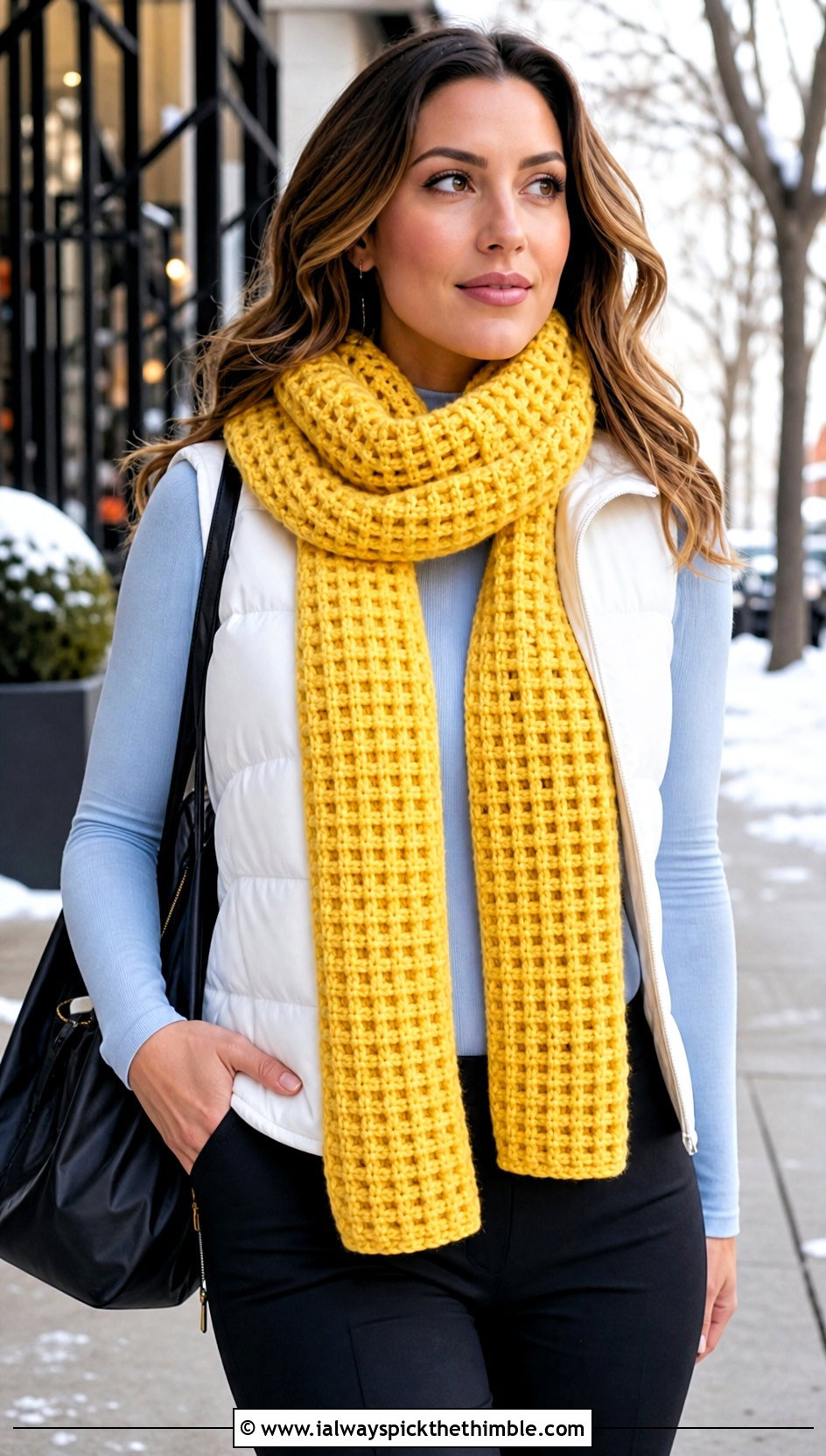 Waffle Stitch Crochet Scarf With Puffer Vest - 20 Crochet Scarf Worsted Weight Yarn outfit ideas