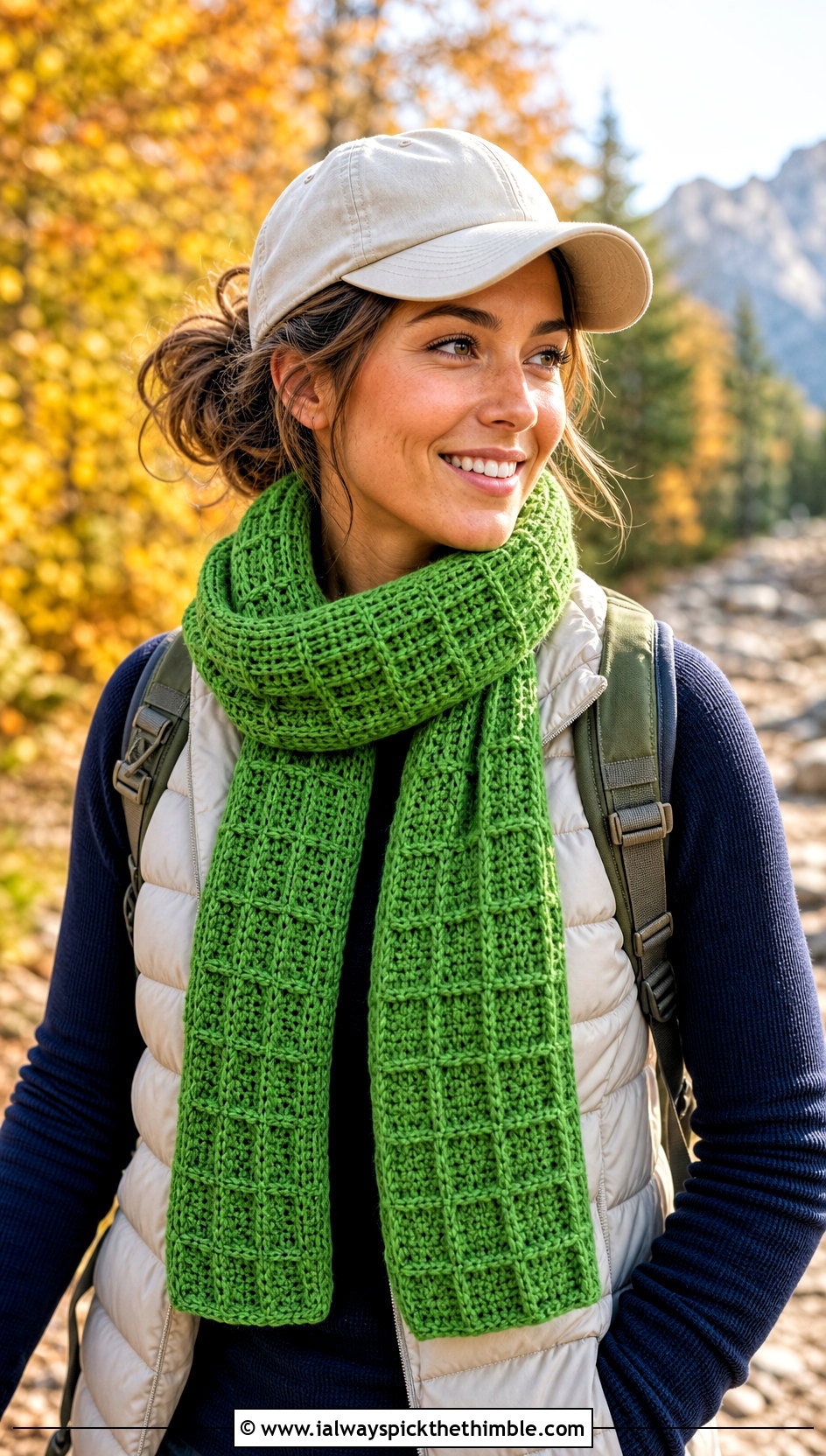 Waffle Stitch Crochet Scarf With Puffer Vest - 15 Crochet Fall Scarf outfit ideas