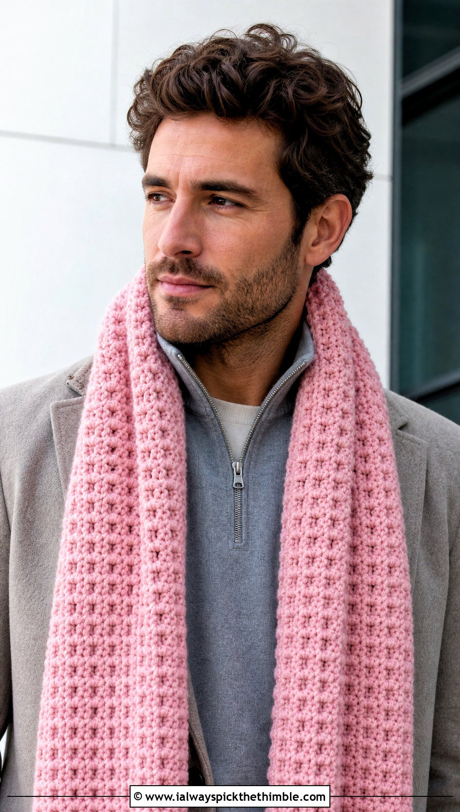 Waffle Stitch Crochet Scarf With Quarter Zip Sweater - 25 crochet scarf for men outfit ideas