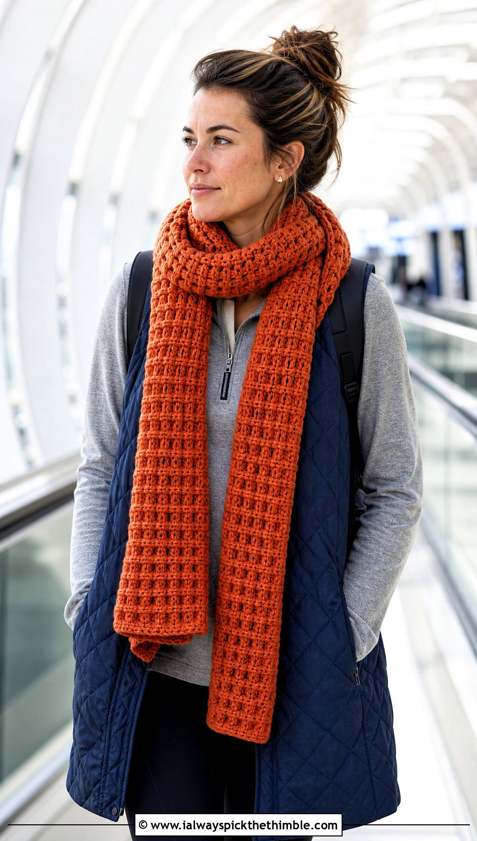 Waffle Stitch Crochet Scarf With Quilted Vest - 25 Winter Crochet Scarfs For Women outfit ideas