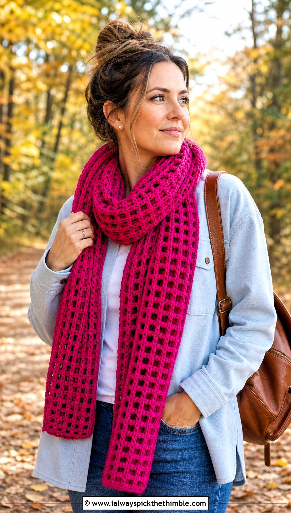 Waffle Stitch Crochet Scarf With Shacket And Jeans - 25 beginner crochet scarf outfit ideas