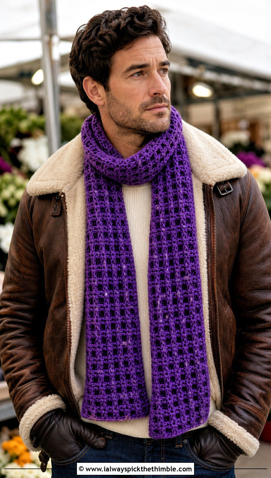 Waffle Stitch Crochet Scarf With Shearling Jacket - 20 Mens Winter Crochet Scarf outfit ideas