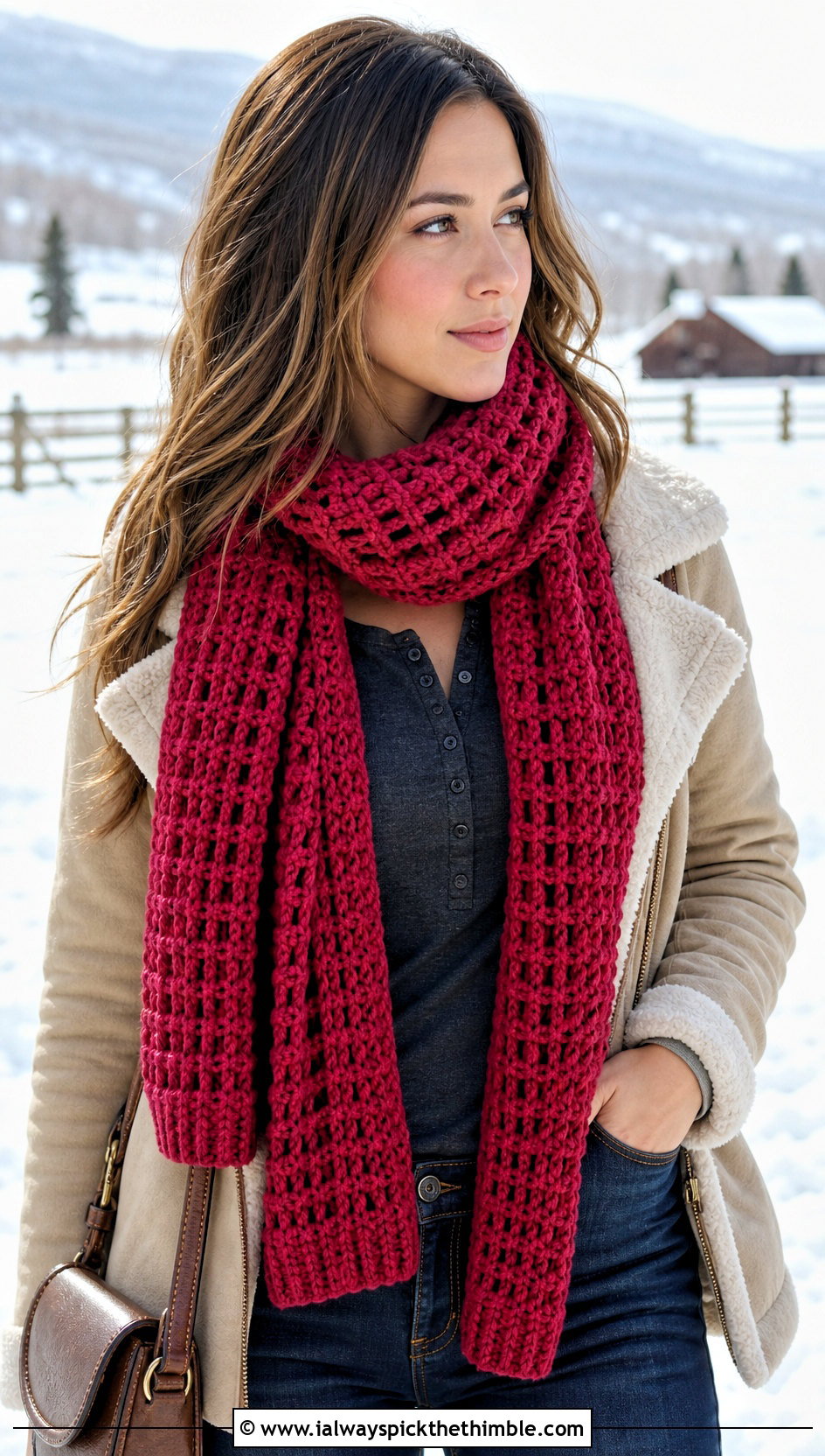 Waffle Stitch Crochet Scarf With Shearling Jacket - 25 Winter Crochet Scarf outfit ideas