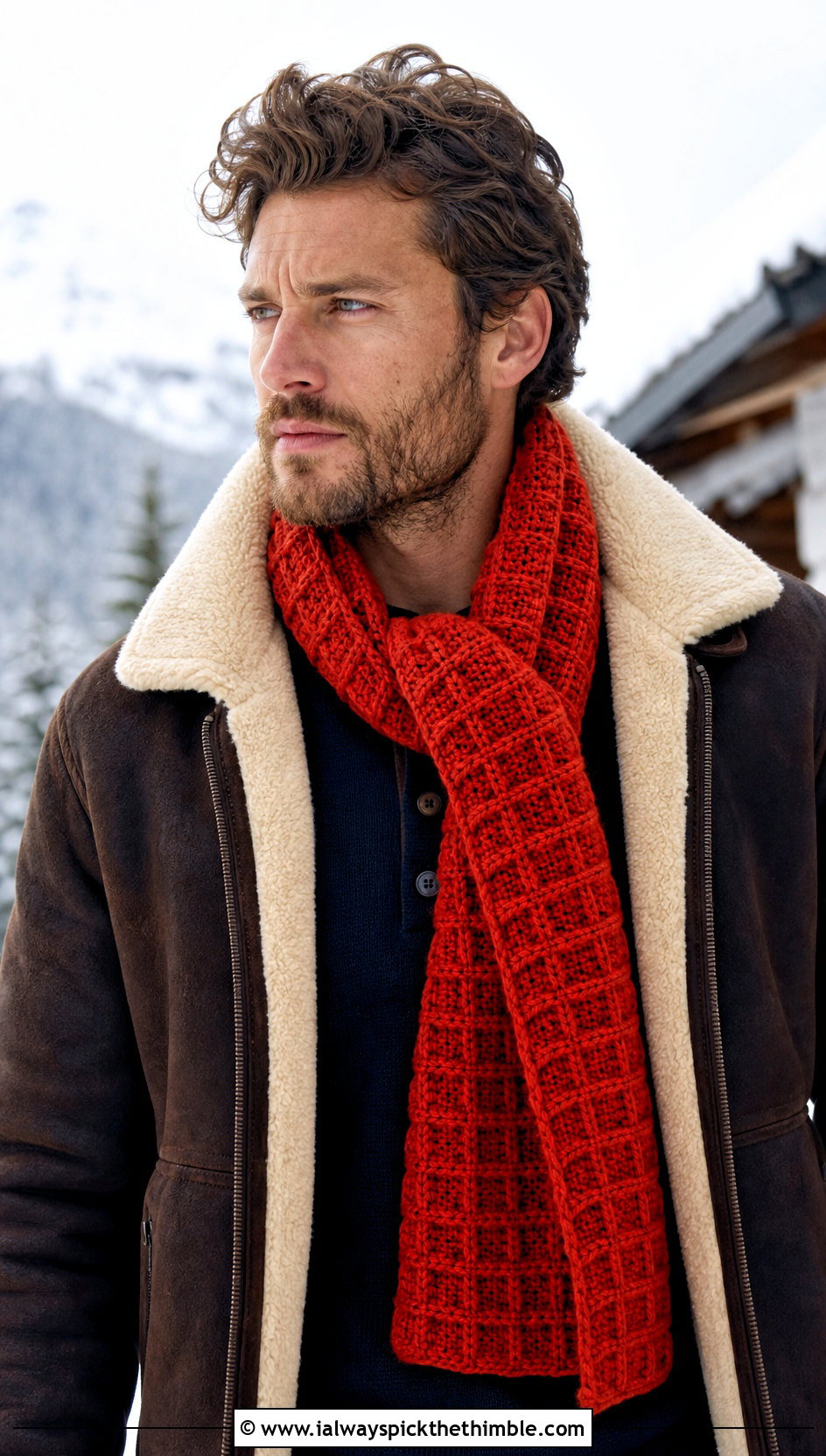 Waffle Stitch Crochet Scarf With Shearling Jacket - 20 easy crochet scarf men outfit ideas