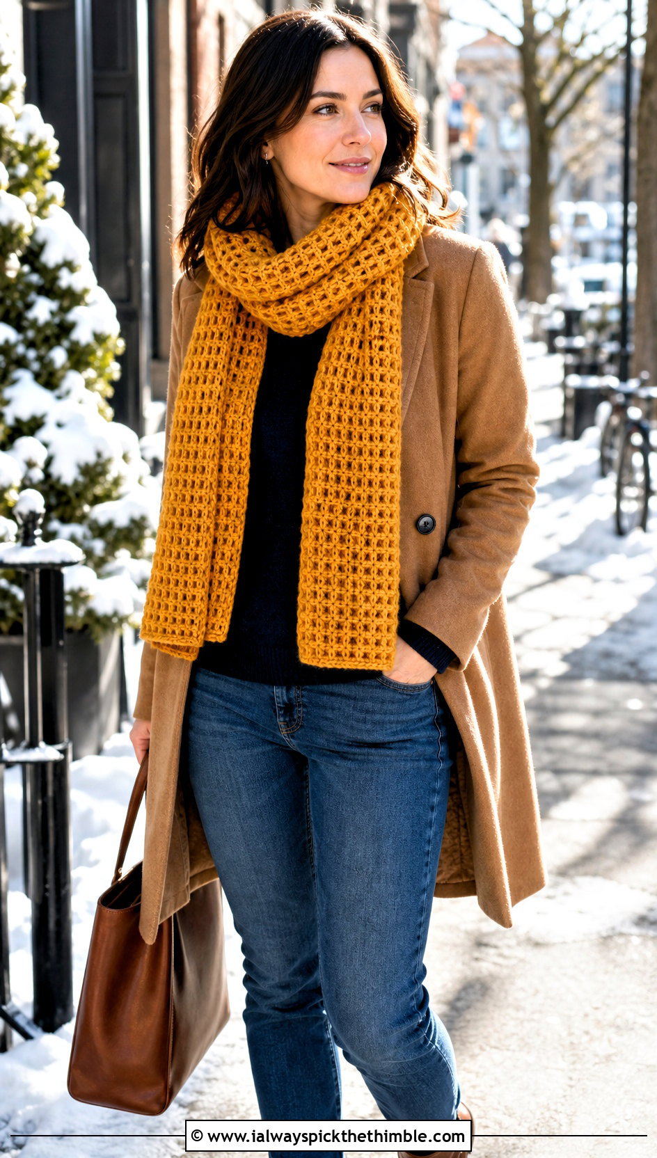 Waffle Stitch Crochet Scarf With Wool Coat - 25 simple crochet scarf outfit ideas