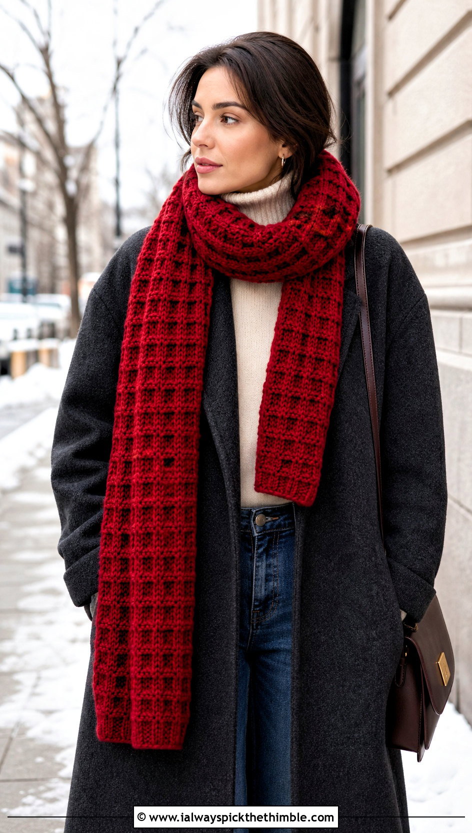 Waffle Stitch Crochet Scarf With Wool Coat And Jeans - 25 easy crochet scarf outfit ideas