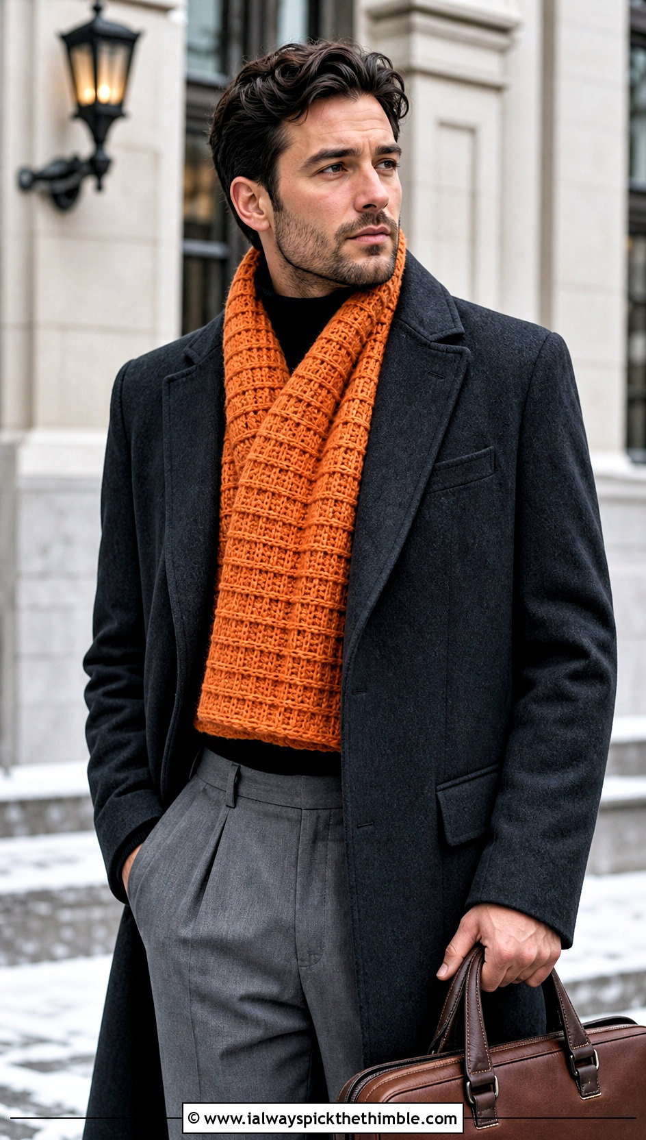 Waffle Stitch Crochet Scarf With Wool Coat - 25 men's crochet scarf outfit ideas
