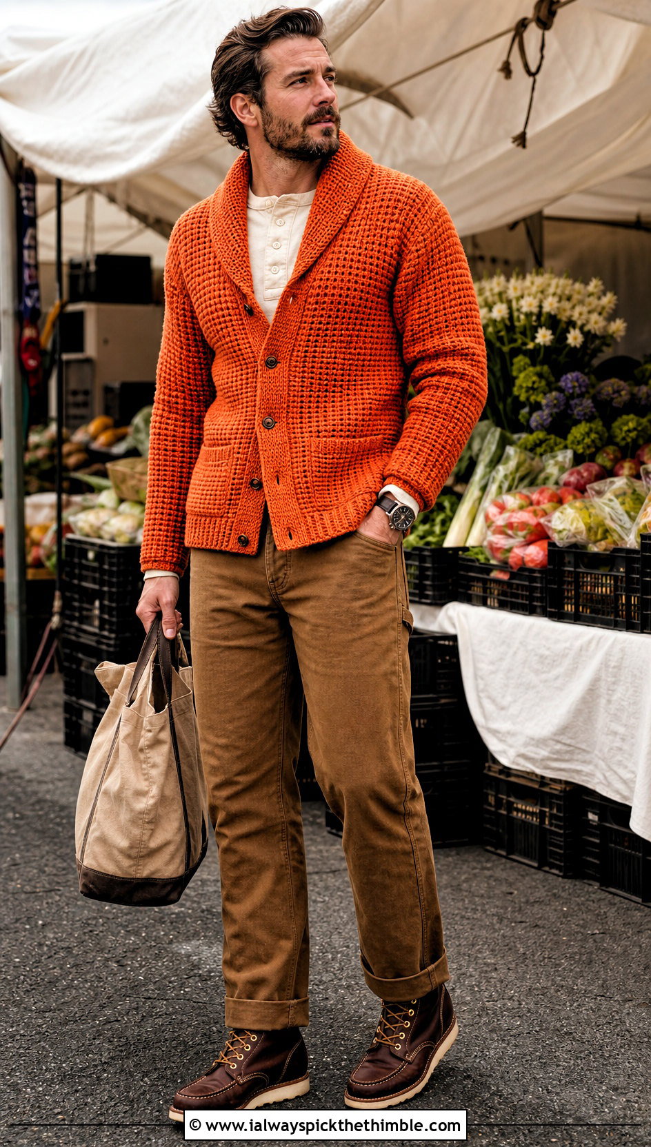 Waffle Stitch Crochet Shawl Collar Cardigan With Work Pants - 20 Mens Crochet Shawl Collar Cardigan outfit ideas