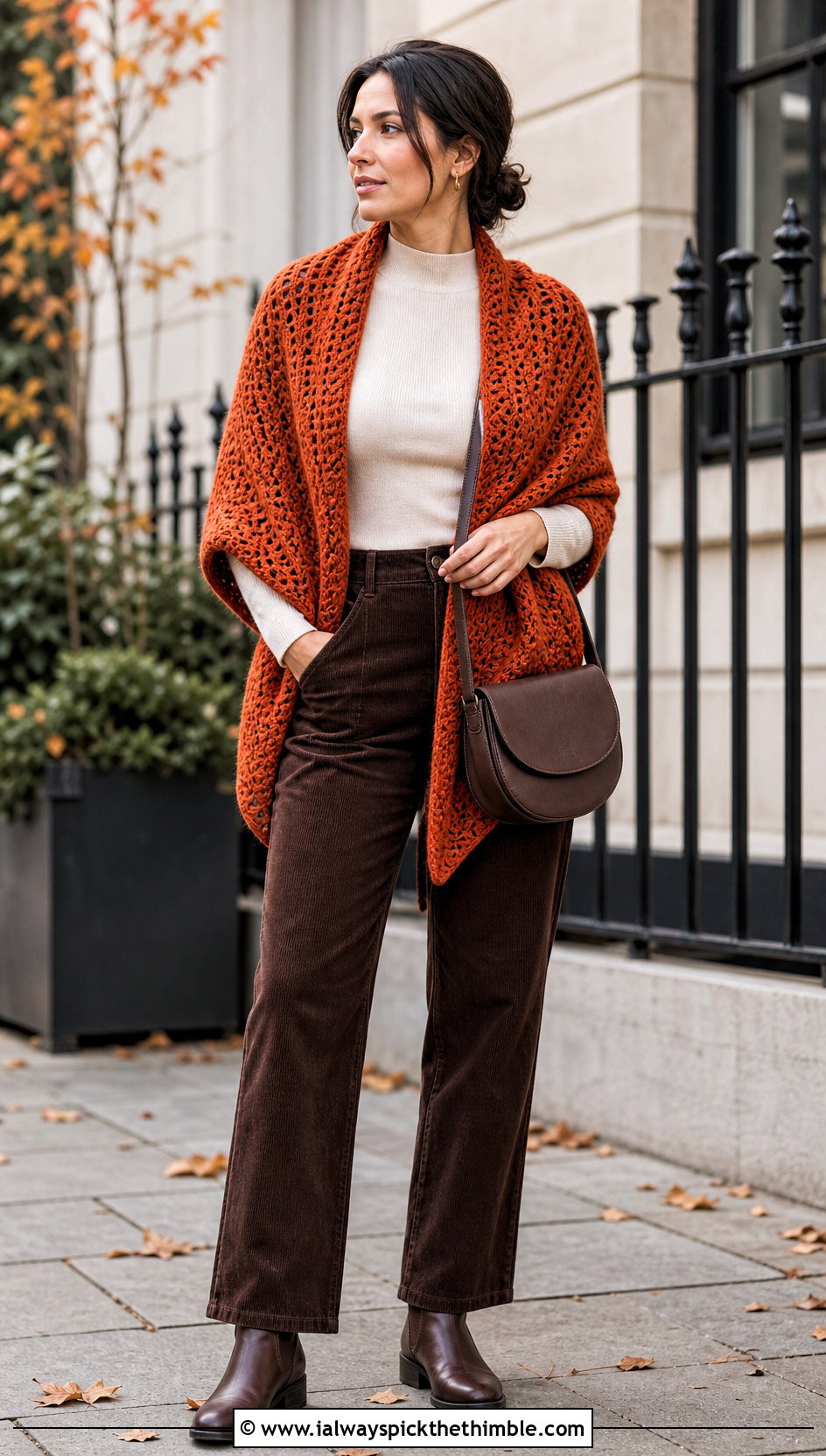 Waffle Stitch Crochet Shawl With Corduroy Pants - 20 Crochet A Shawl outfit ideas