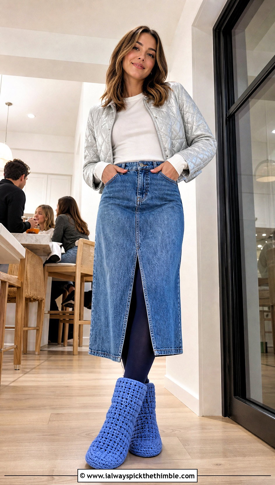 Waffle Stitch Crochet Slipper Boots With Denim Skirt - 25 crochet slipper boots outfit ideas