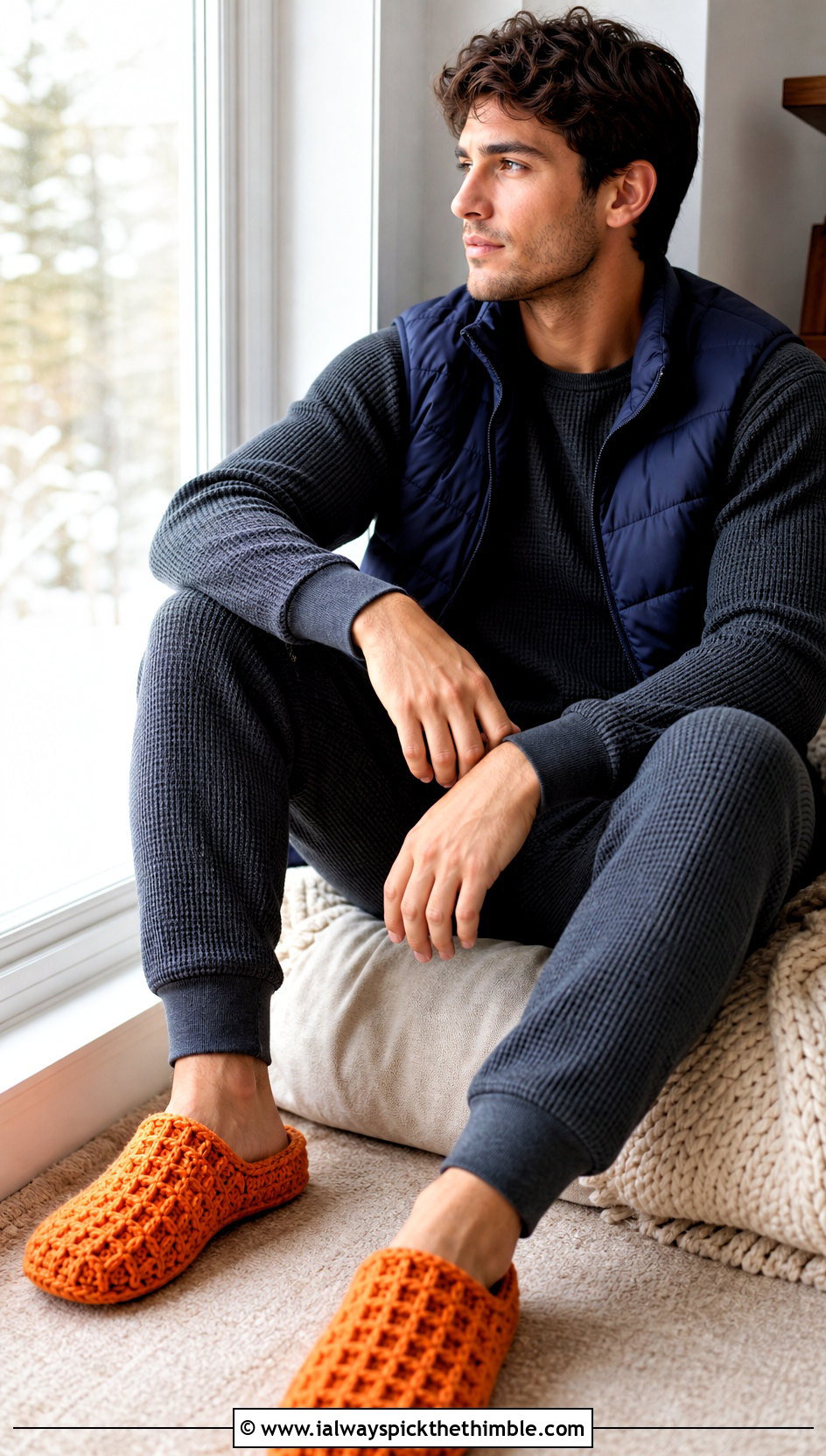 Waffle Stitch Crochet Slippers With Thermal Set And Puffer Vest - 15 Easy Crochet Mens Slippers outfit ideas
