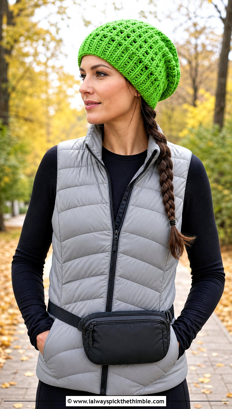 Waffle Stitch Crochet Slouch Beanie With Puffer Vest - 25 crochet slouch beanie outfit ideas