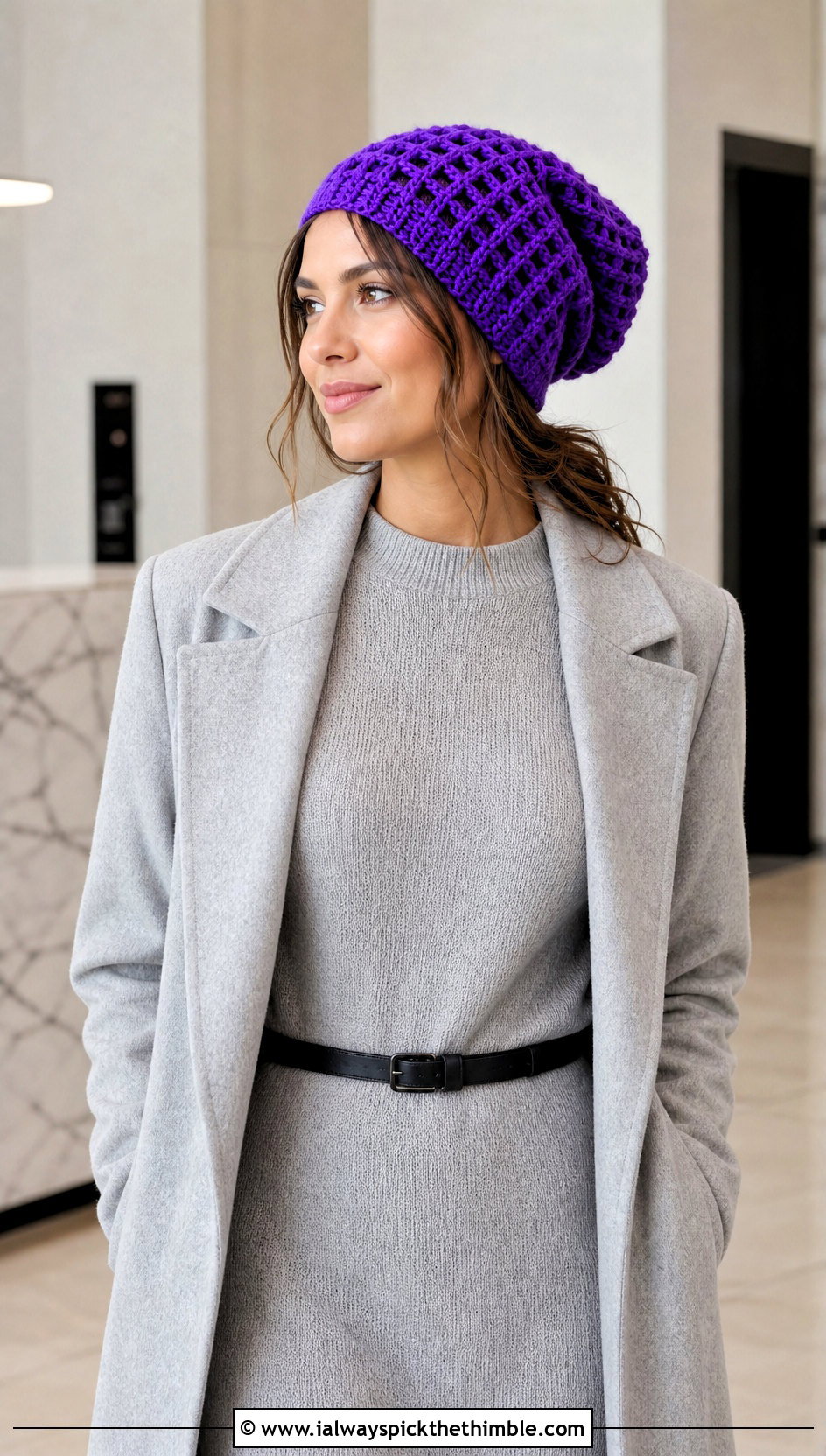 Waffle Stitch Crochet Slouch Hat With Sweater Dress - 20 easy crochet slouch hat outfit ideas