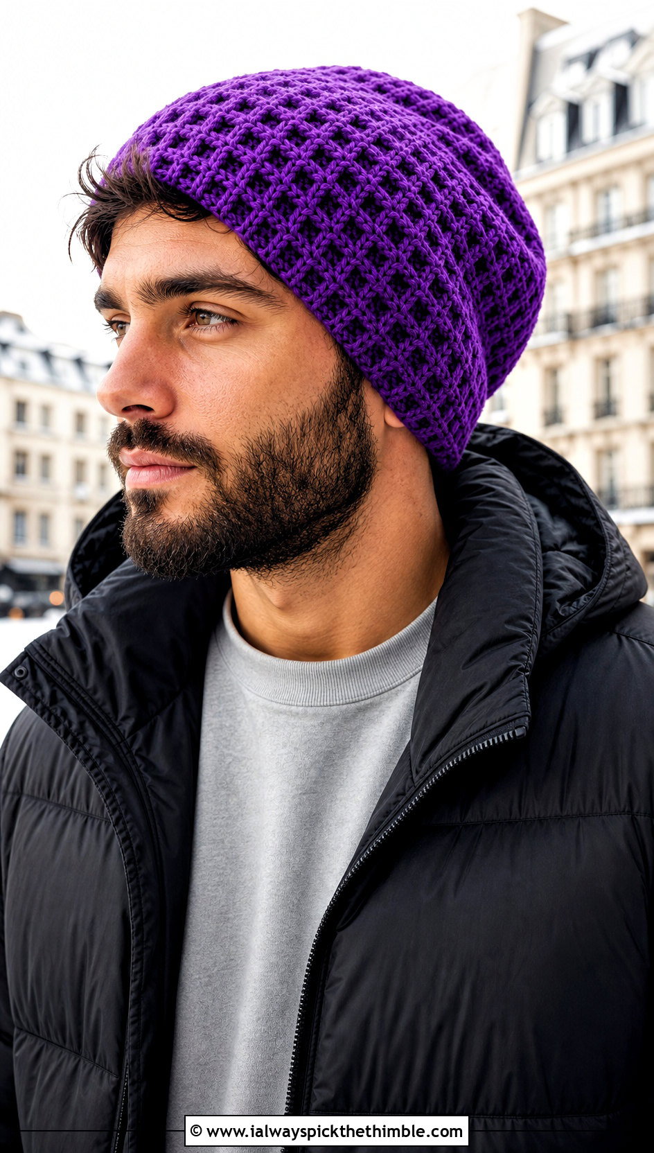 Waffle Stitch Crochet Slouchy Beanie With Puffer Jacket - 25 Crochet Slouchy Hat Mens Slouch Beanie outfit ideas