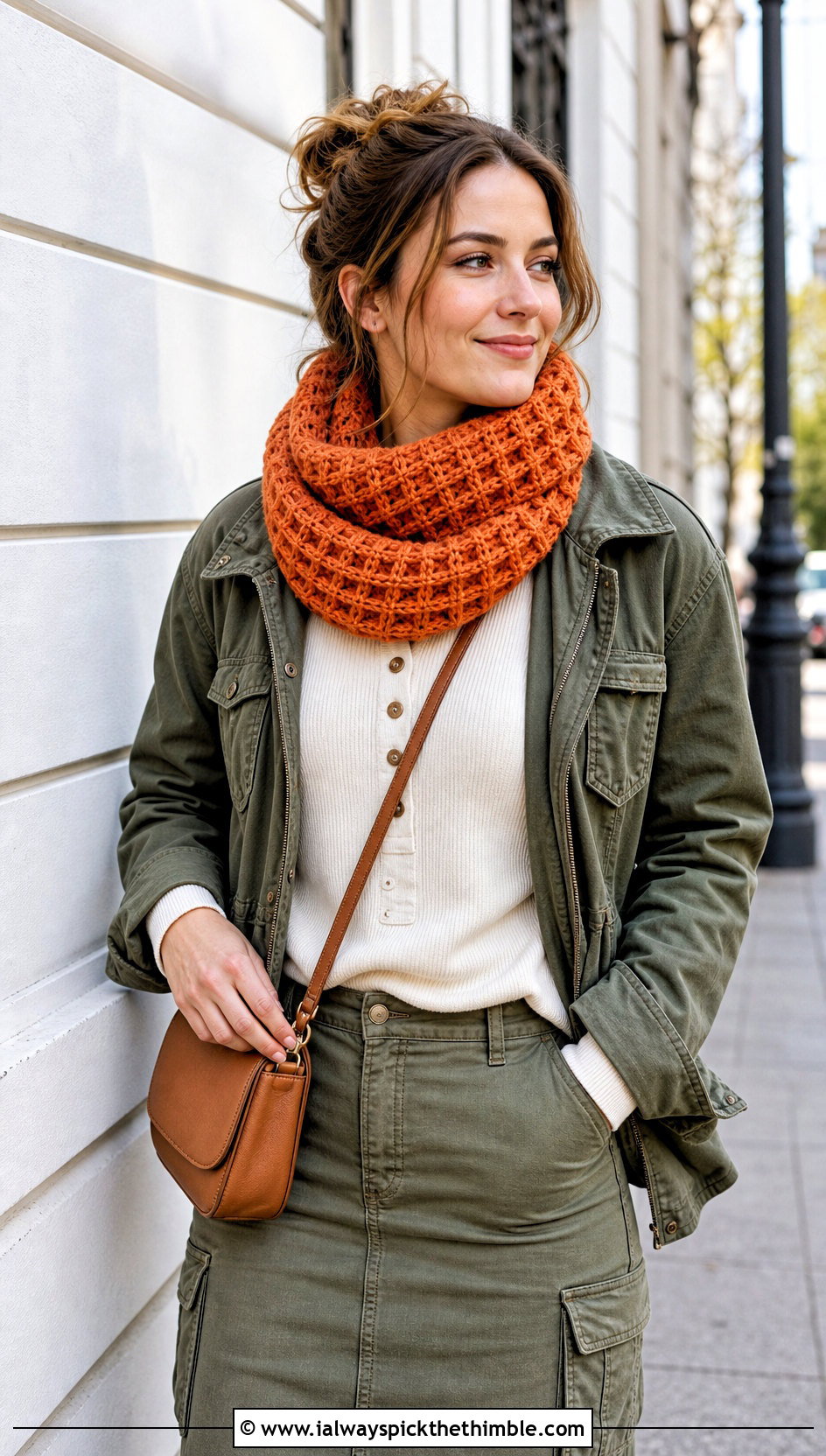 Waffle Stitch Crochet Snood Cowl With Utility Jacket - 20 crochet snood cowl outfit ideas